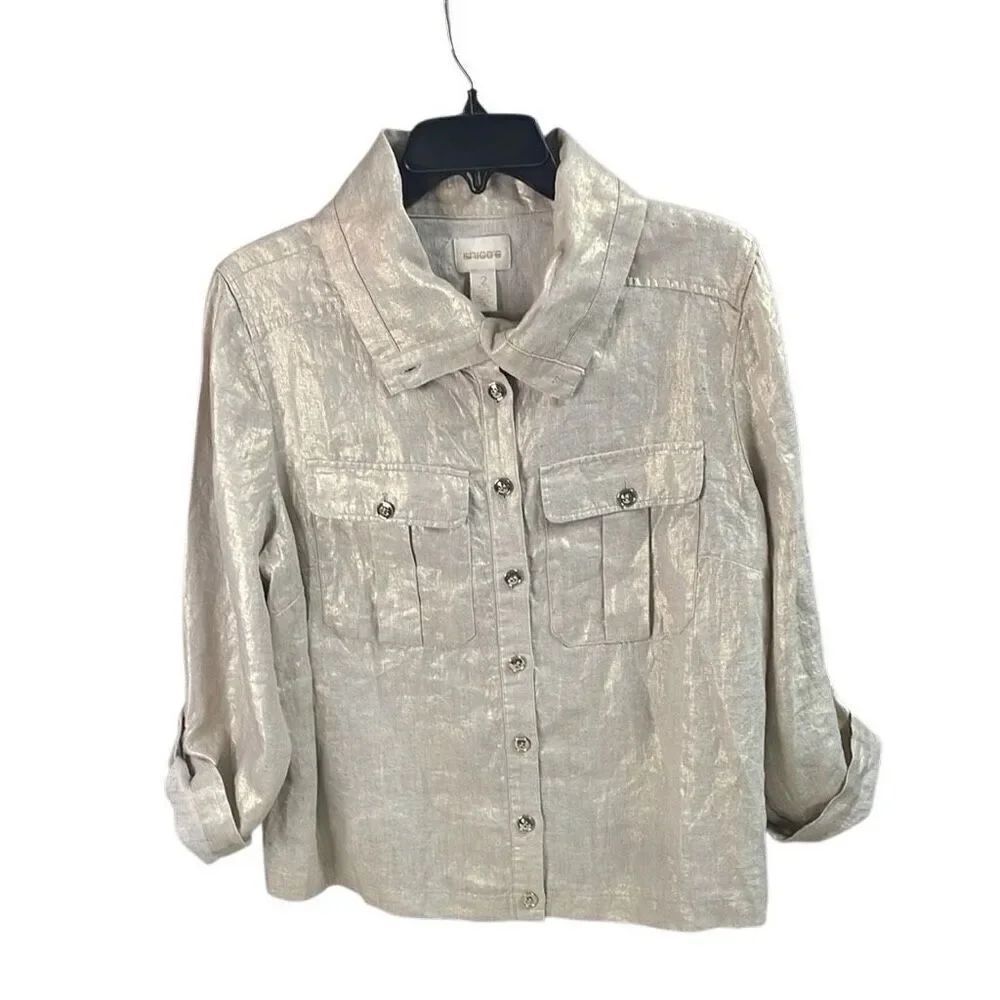 CHICO’S Women’s Gold Metallic Buttonup Linen Tab Sleeves Blouse Sz 1 Petite